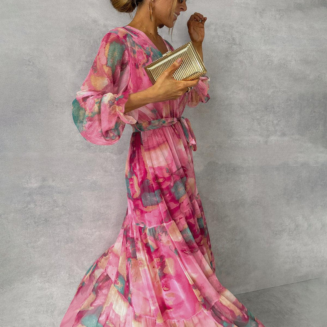 Tiered Maxi Dress with V-Neckline and Tie-Waist Closure
