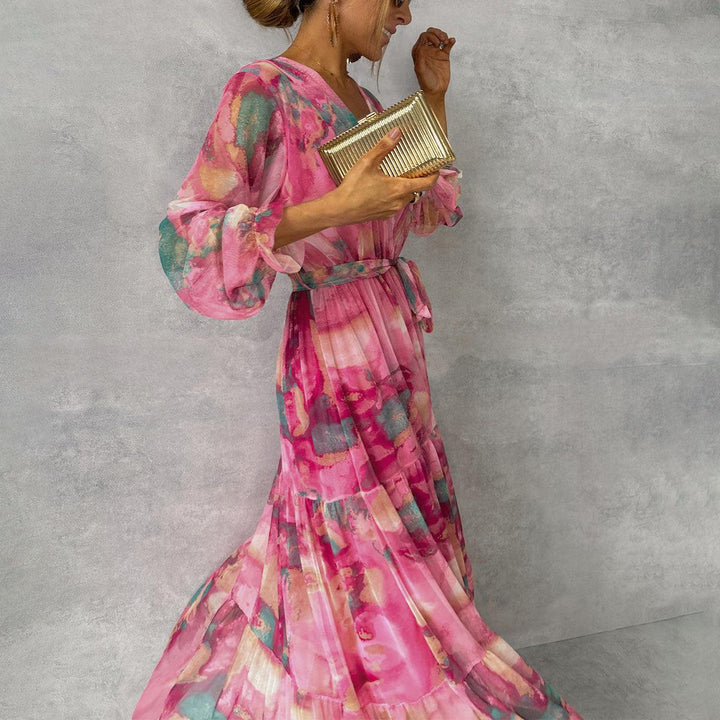 Tiered Maxi Dress with V-Neckline and Tie-Waist Closure