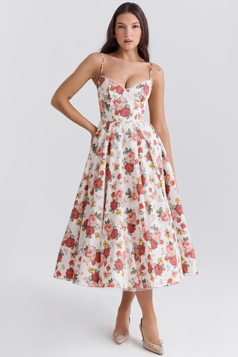 Midi Dress with Spaghetti Straps, Bustier Bodice, and Full Skirt