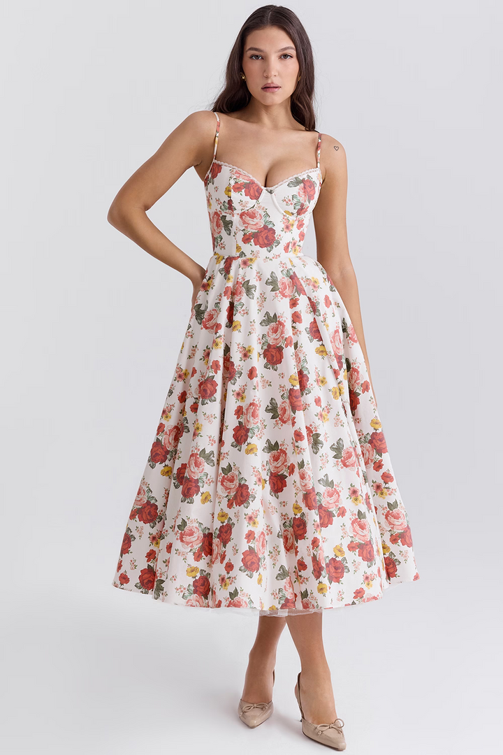 Midi Dress with Spaghetti Straps, Bustier Bodice, and Full Skirt