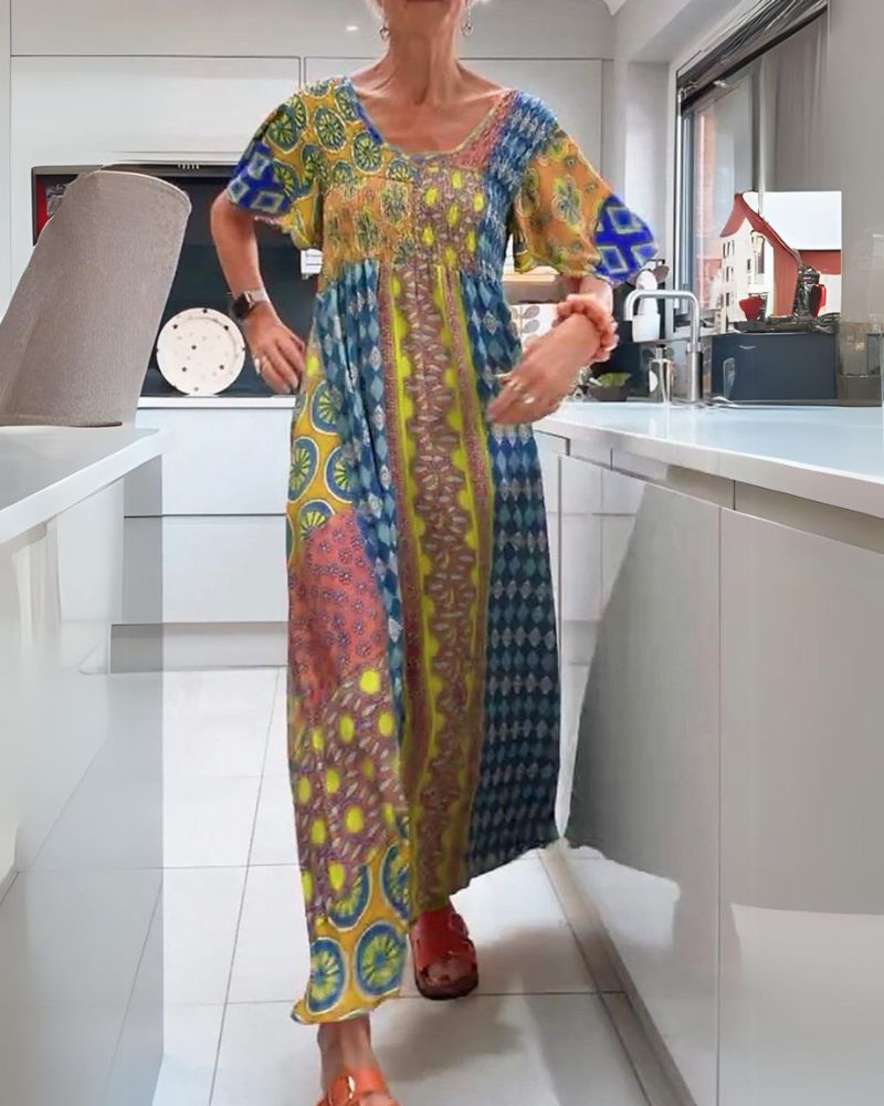 Boho Maxi Dress with Geometric Print