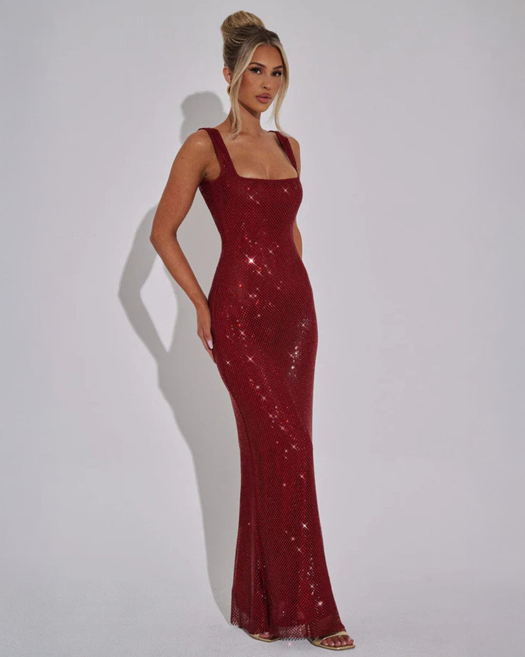Square Neck Maxi Dress with Low Scoop Back and Rhinestone Embellishment