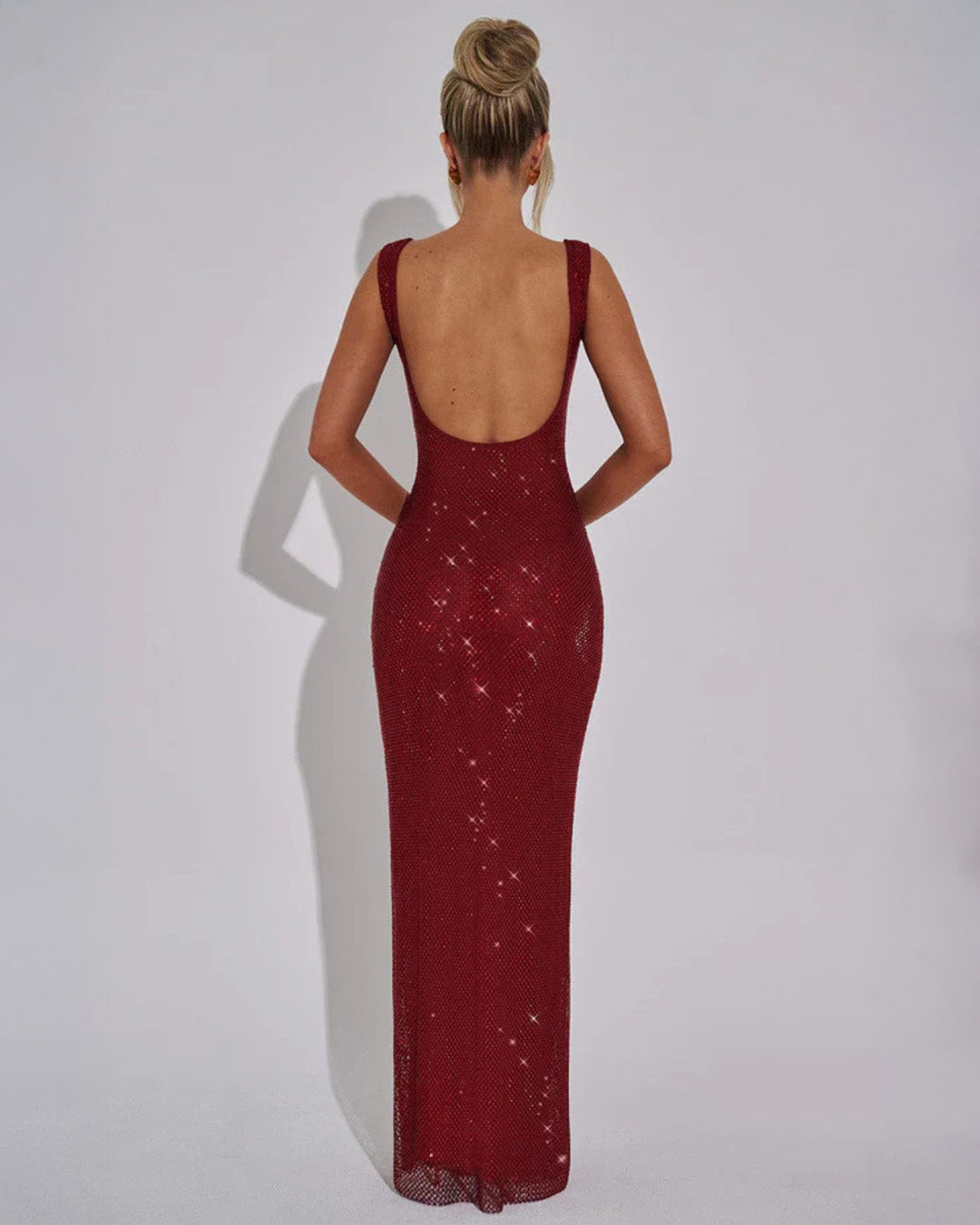 Square Neck Maxi Dress with Low Scoop Back and Rhinestone Embellishment