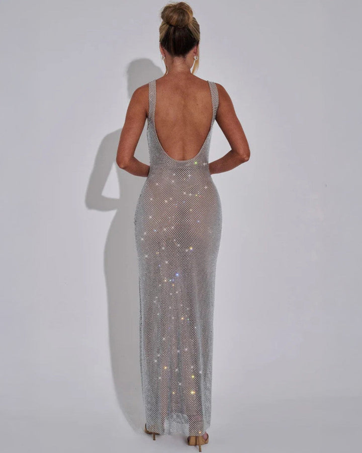 Square Neck Maxi Dress with Low Scoop Back and Rhinestone Embellishment