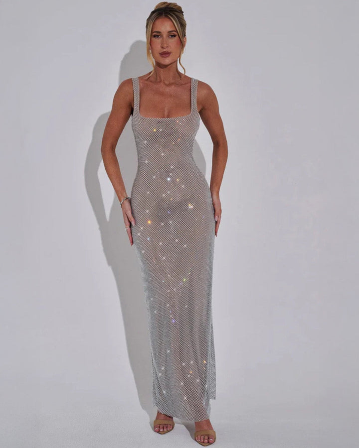 Square Neck Maxi Dress with Low Scoop Back and Rhinestone Embellishment