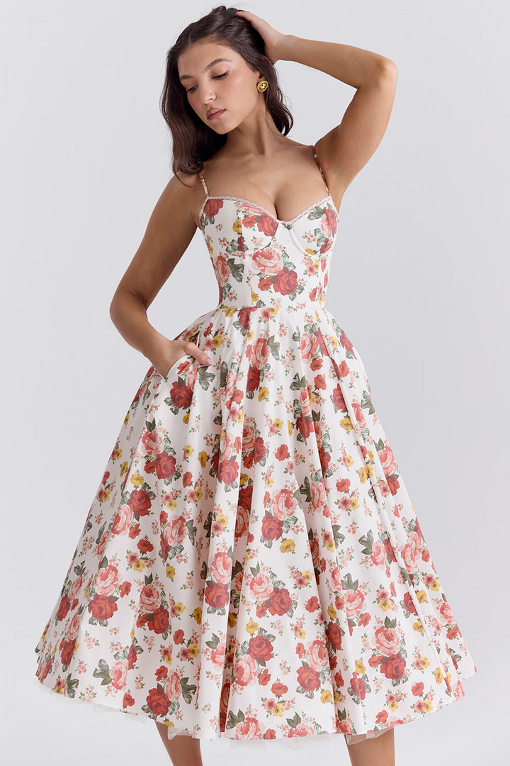 Midi Dress with Spaghetti Straps, Bustier Bodice, and Full Skirt