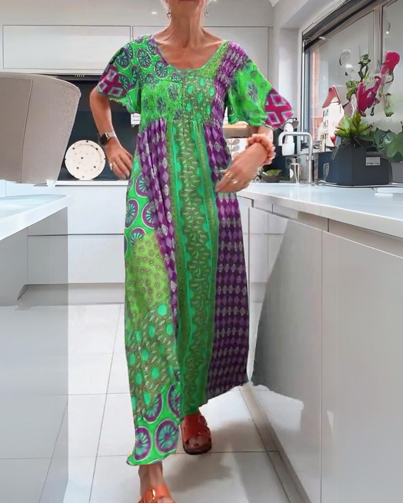 Boho Maxi Dress with Geometric Print