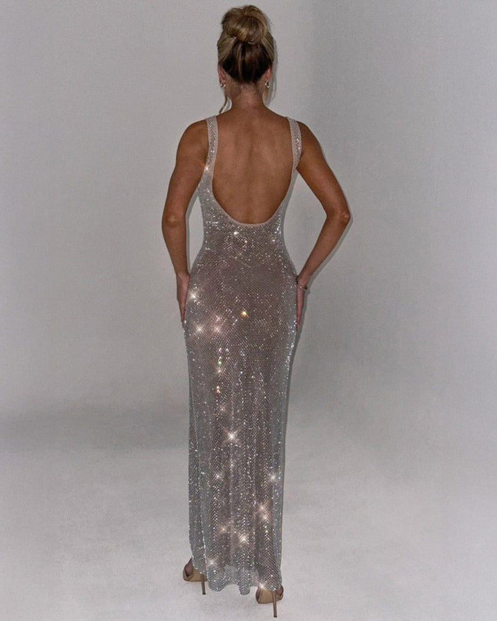 Square Neck Maxi Dress with Low Scoop Back and Rhinestone Embellishment