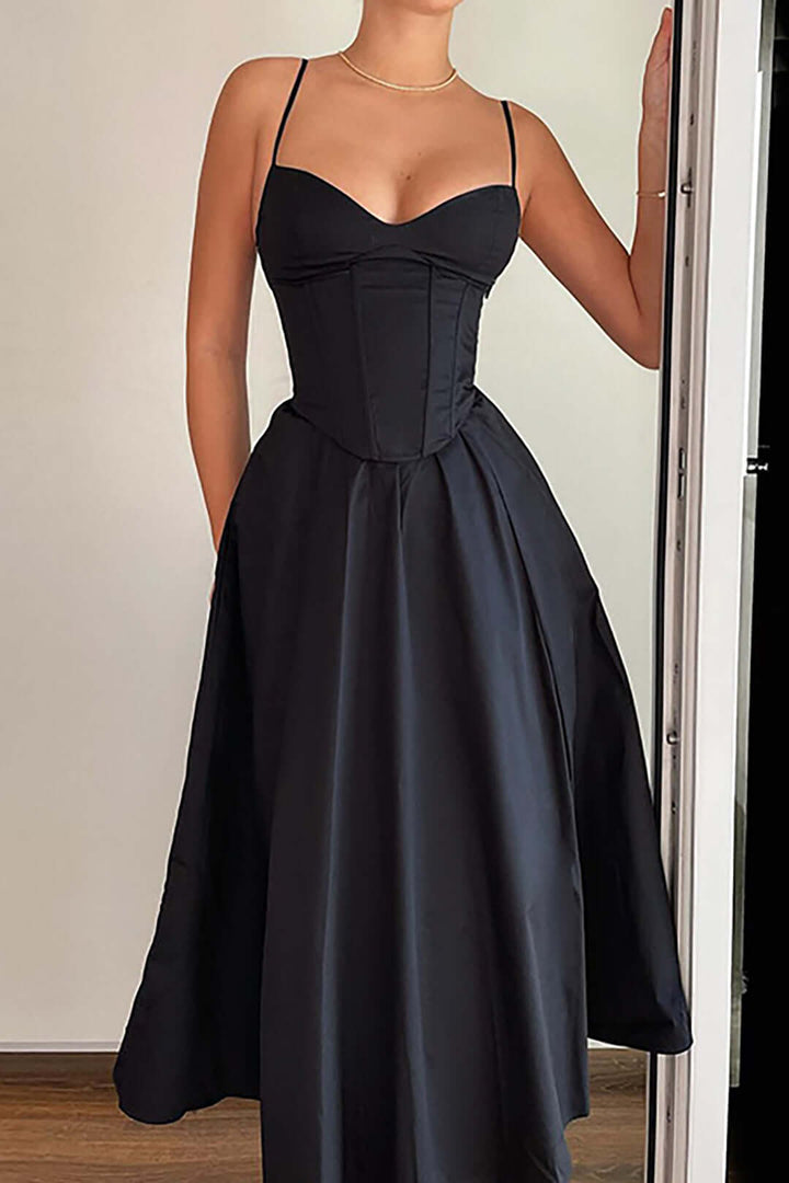 Sweetheart Neckline Corset Bodice Midi Dress with Spaghetti Straps