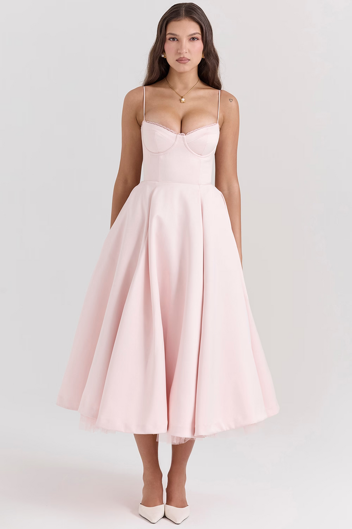 Midi Dress with Spaghetti Straps, Bustier Bodice, and Full Skirt