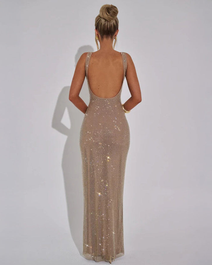 Square Neck Maxi Dress with Low Scoop Back and Rhinestone Embellishment