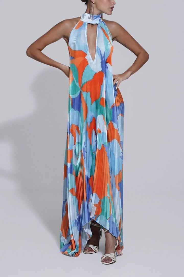 Pleated Maxi Dress with Halter Neck and Deep V-Neckline