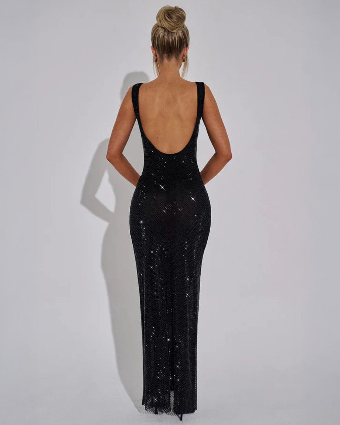Square Neck Maxi Dress with Low Scoop Back and Rhinestone Embellishment