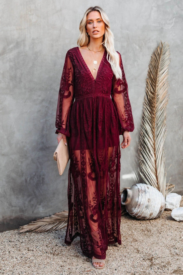 Lace Embroidered Maxi Dress with V-Neckline and Long Sleeves