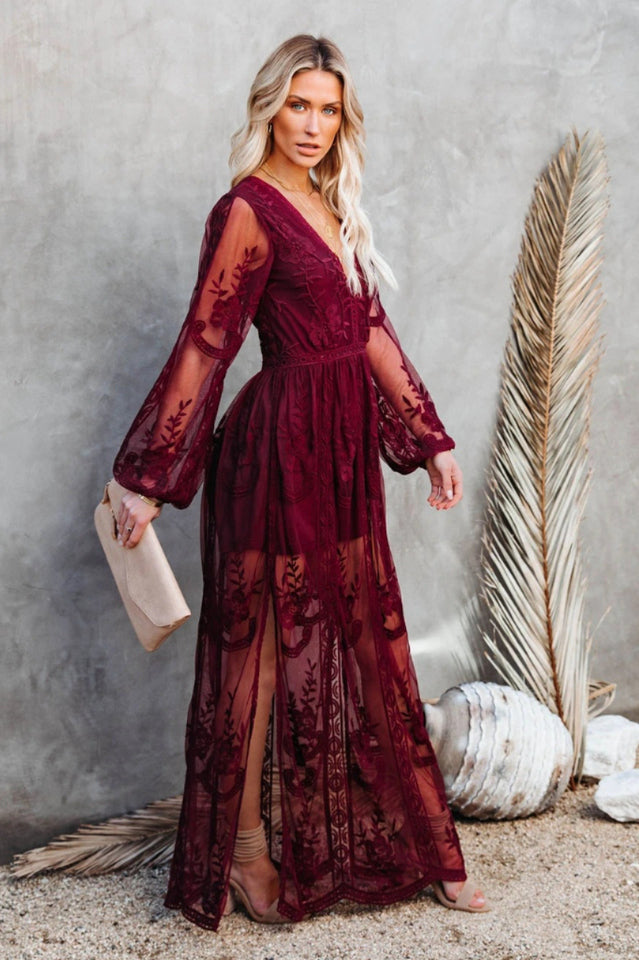 Lace Embroidered Maxi Dress with V-Neckline and Long Sleeves