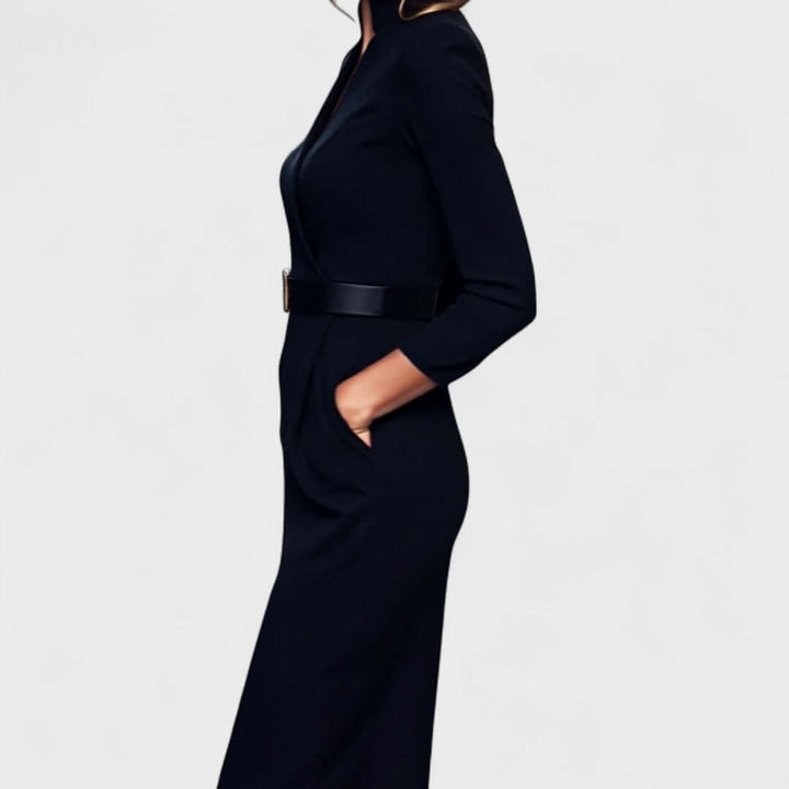 Stand Collar V-Neckline Pencil Dress with Three-Quarter Sleeves and Waist Belt