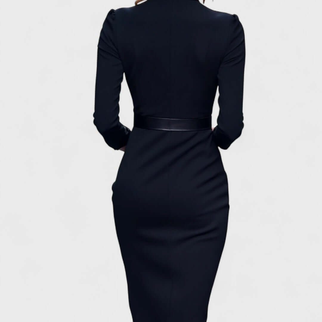 Stand Collar V-Neckline Pencil Dress with Three-Quarter Sleeves and Waist Belt