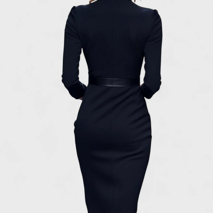 Stand Collar V-Neckline Pencil Dress with Three-Quarter Sleeves and Waist Belt