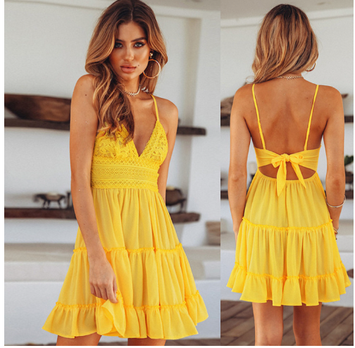 Tiered Mini Dress with Spaghetti Straps, V-Neckline and Back Tie Closure