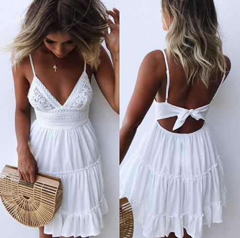 Tiered Mini Dress with Spaghetti Straps, V-Neckline and Back Tie Closure