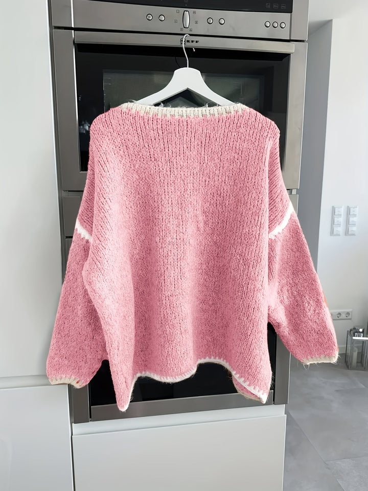 Round Neck Oversized Sweater with Contrast Stitching and Balloon Sleeves
