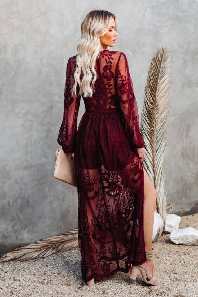 Lace Embroidered Maxi Dress with V-Neckline and Long Sleeves