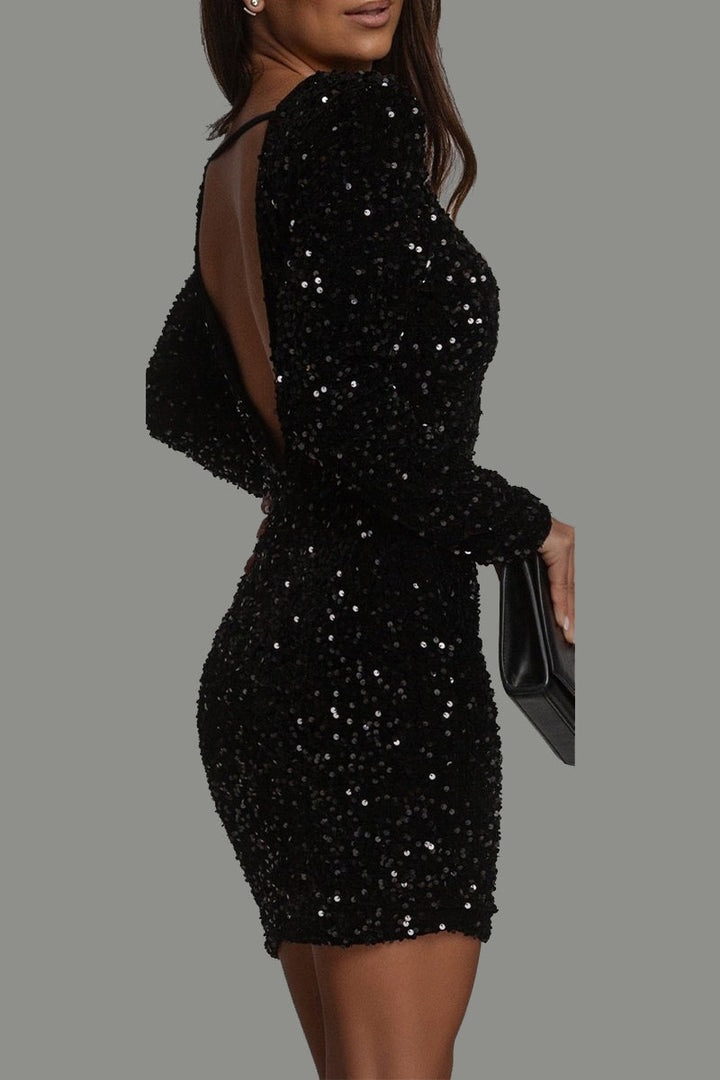 Long Sleeve Mini Dress with Open Back and Sequin Embellishment