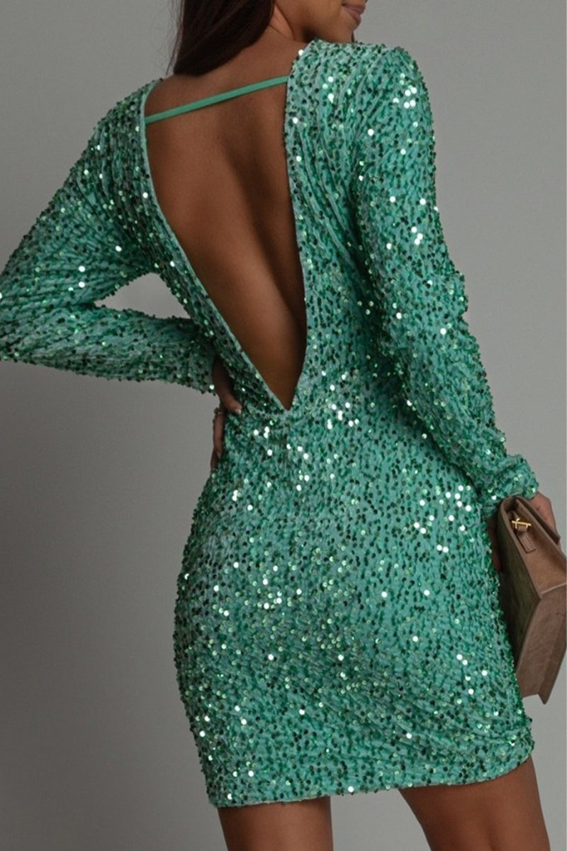 Long Sleeve Mini Dress with Open Back and Sequin Embellishment