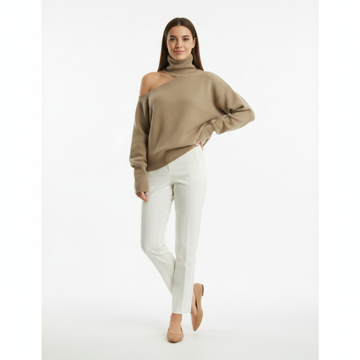 Asymmetrical Turtleneck Sweater with Shoulder Cut-Out and Long Sleeves