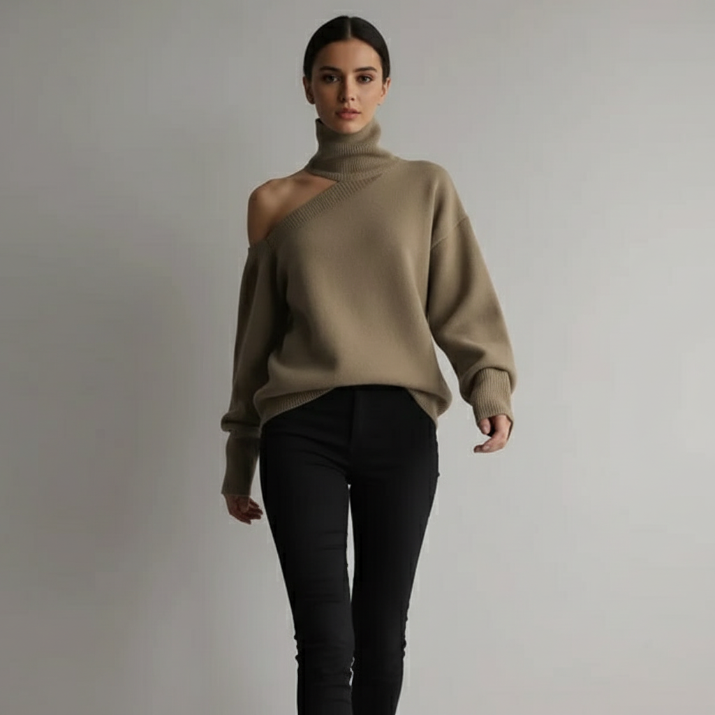 Asymmetrical Turtleneck Sweater with Shoulder Cut-Out and Long Sleeves