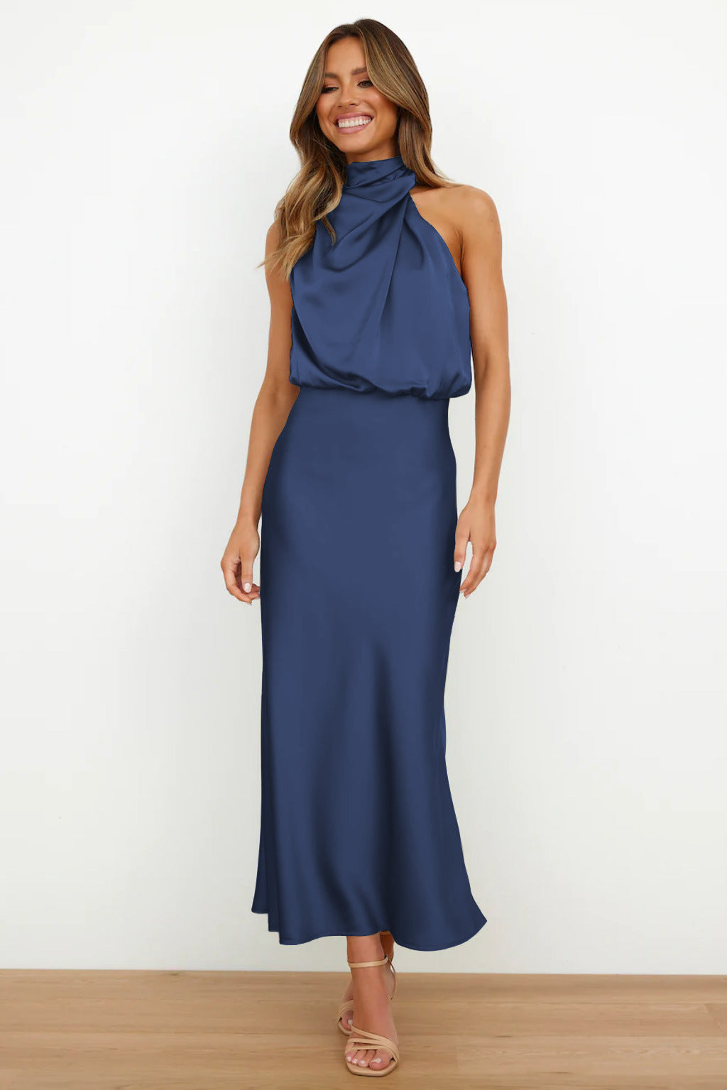 Halter Neck Midi Dress with Draped Cowl Bodice
