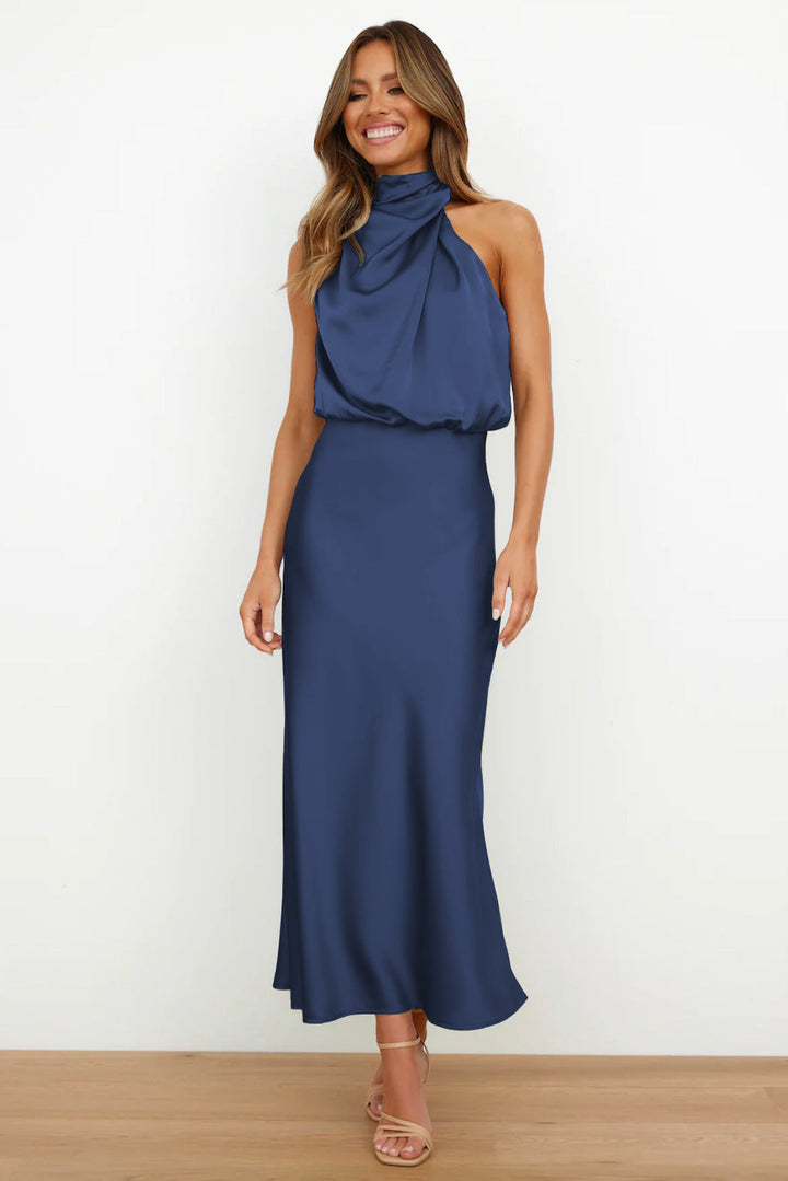 Halter Neck Midi Dress with Draped Cowl Bodice