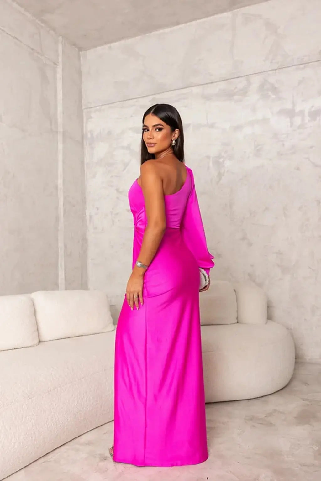 One-Shoulder Maxi Dress with Draped Sleeve and Front Slit
