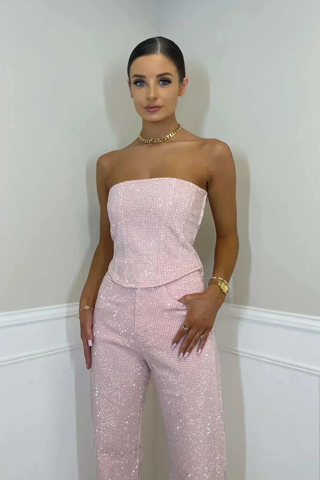 Rhinestone Embellished Denim Two-Piece Set with Strapless Corset Top
