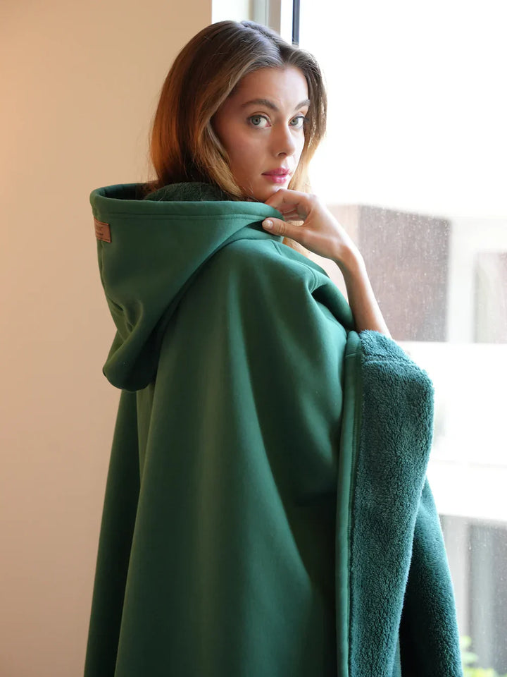 Hooded Terry-Lined Poncho with Snap Button Closure and Full Length