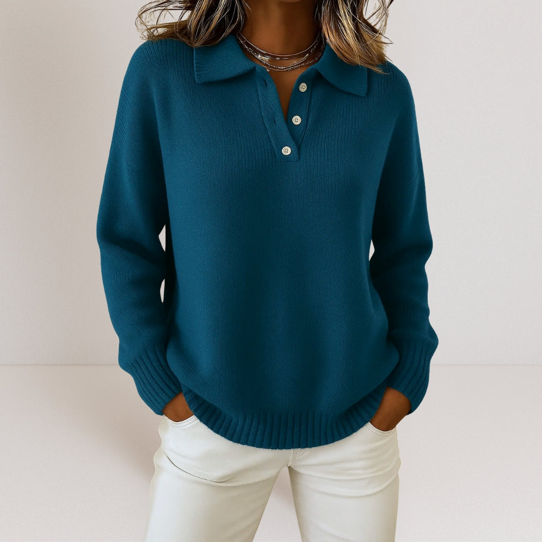 Long Sleeve Polo Jumper with Button Placket and Ribbed Hem