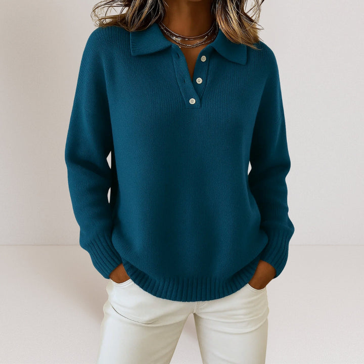 Long Sleeve Polo Jumper with Button Placket and Ribbed Hem