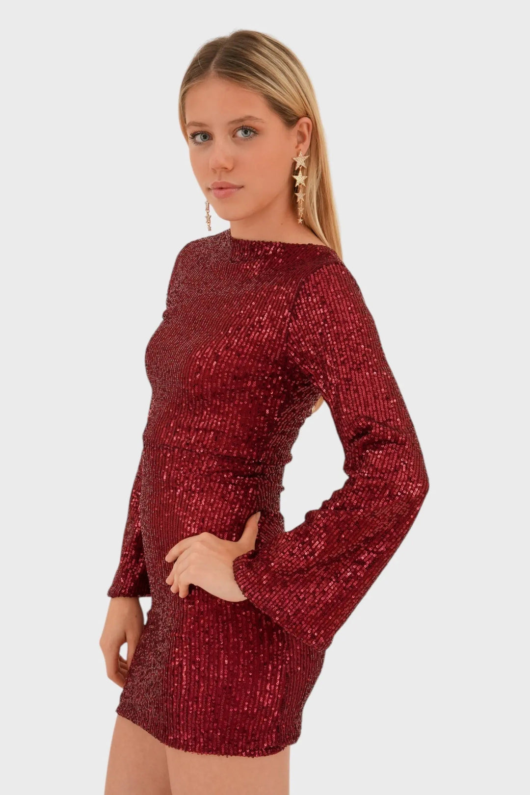 Mini Dress with Mock Neckline, Long Sleeves, and All-Over Sequins