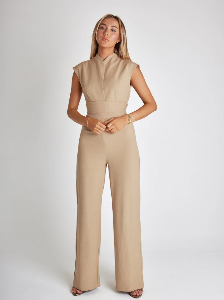 Cap Sleeve Wide Leg Jumpsuit with Mock Neck and Tie Waist