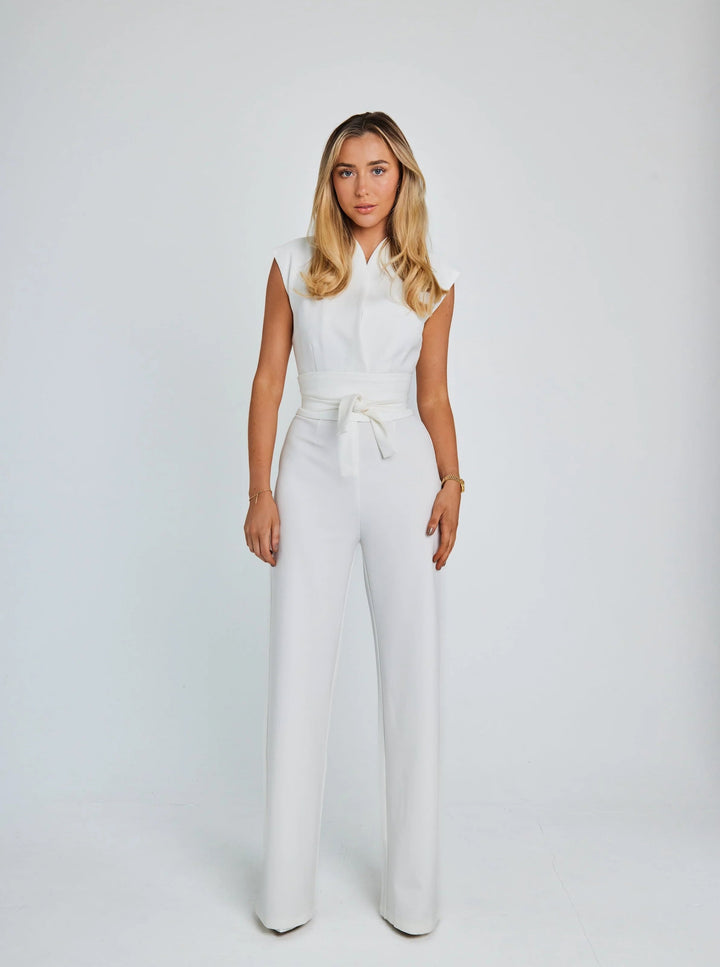 Cap Sleeve Wide Leg Jumpsuit with Mock Neck and Tie Waist