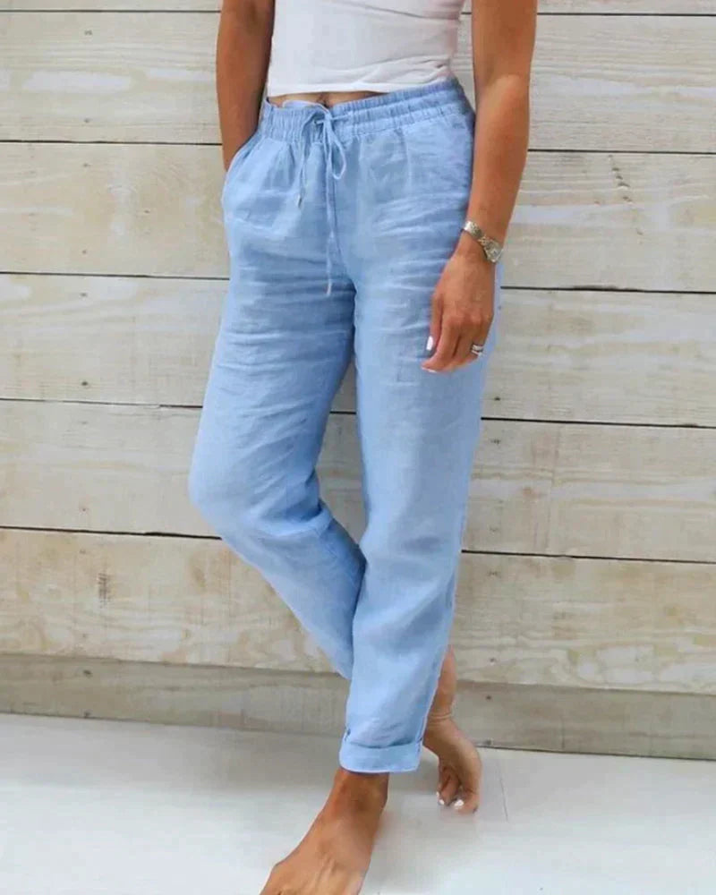 Elastic Waist Trousers with Drawstring Closure and Side Pockets