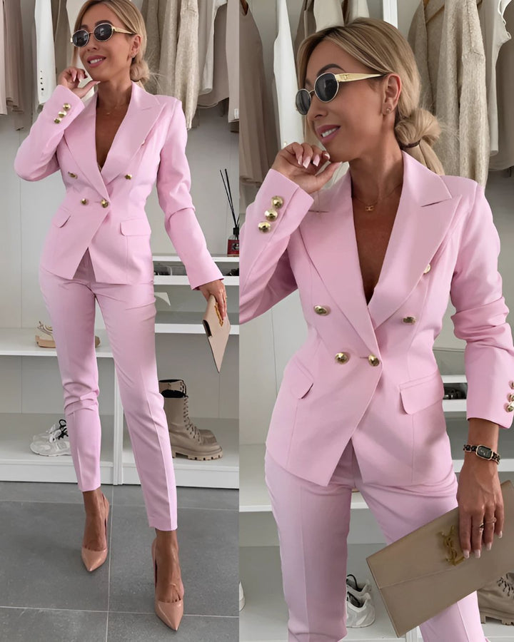 Double-Breasted Blazer with Notched Lapels, Long Sleeves and Button Closure with Straight Leg Trousers