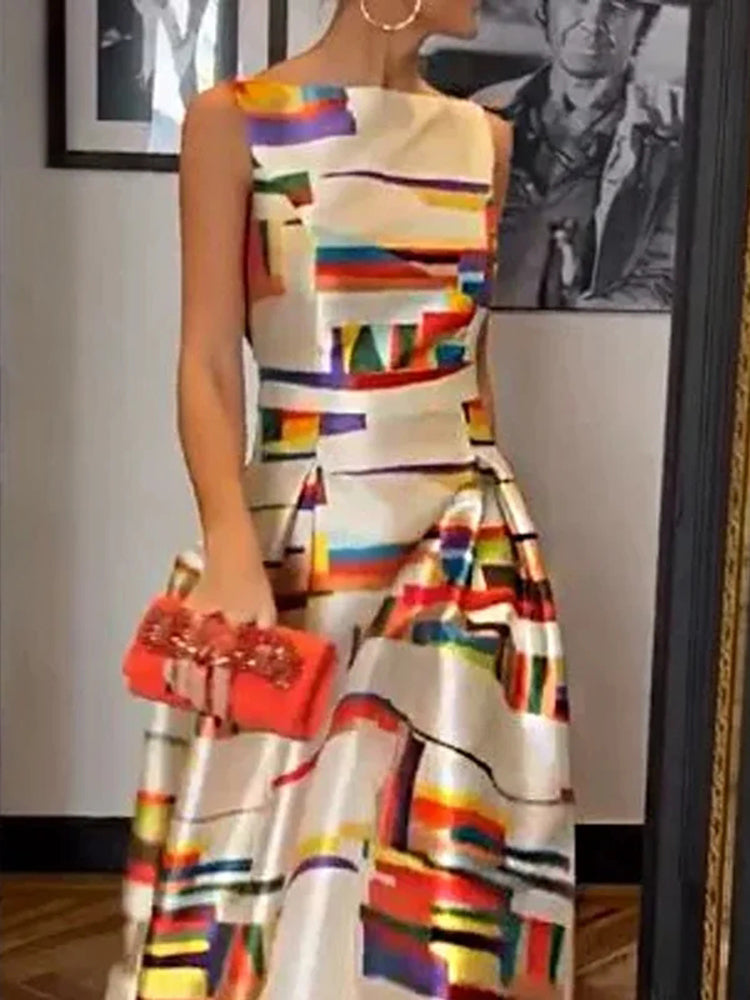 A-Line Maxi Dress with Round Neckline and Sleeveless Design