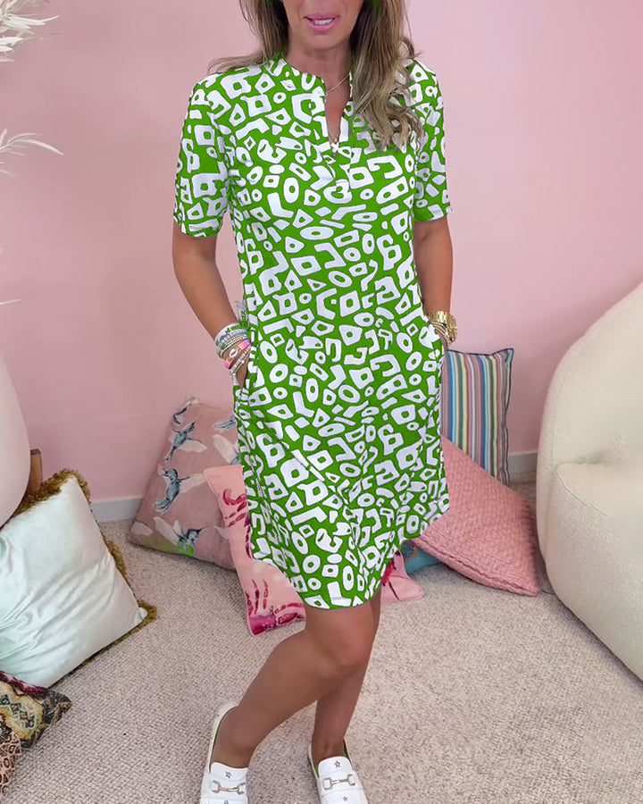 Mandarin Collar Mini Dress with Short Sleeves and Side Pockets