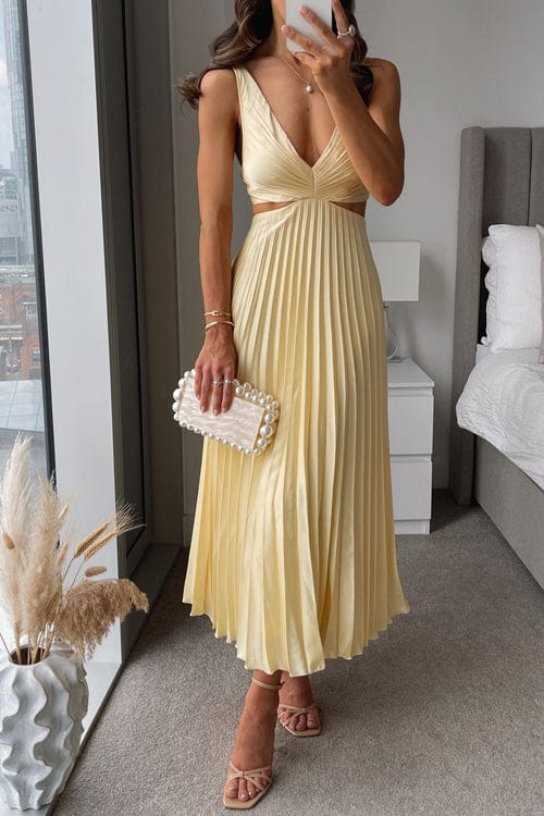Pleated Midi Dress with V-Neckline and Cut-Out Details