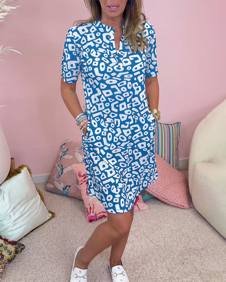 Mandarin Collar Mini Dress with Short Sleeves and Side Pockets