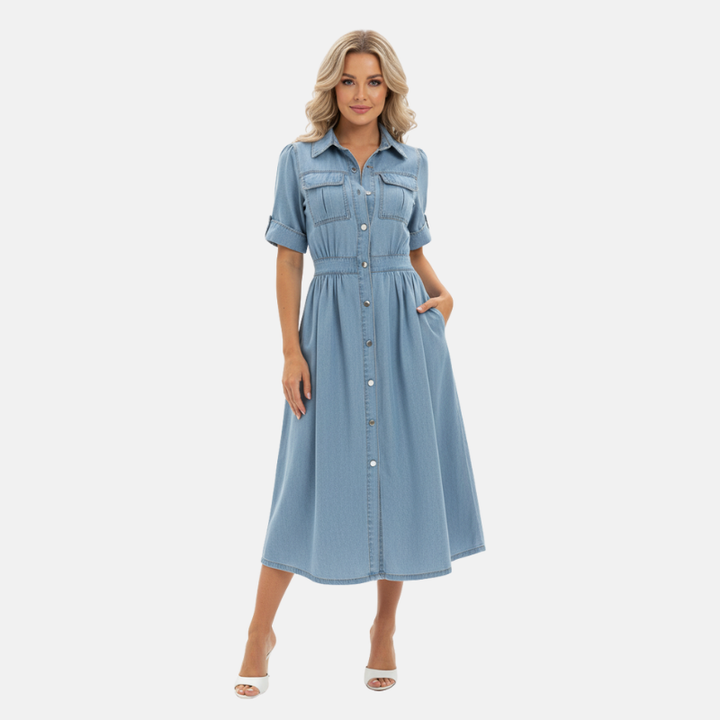 Collared Denim Dress with Button Closure and Puff Sleeves
