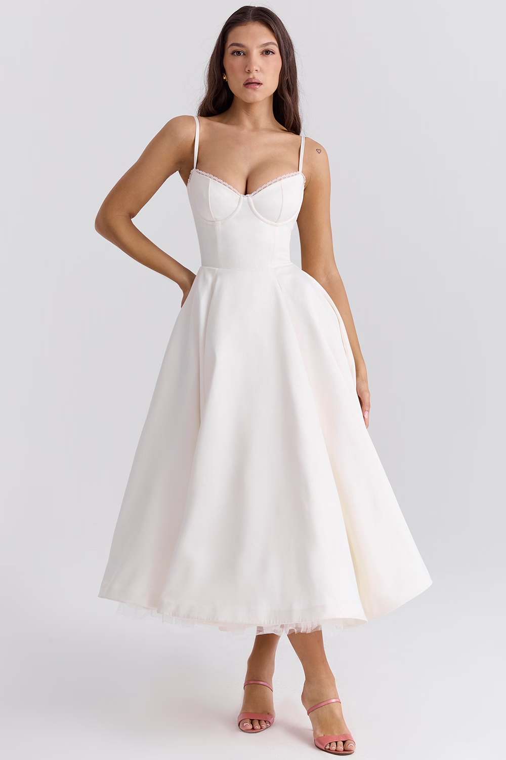 Midi Dress with Spaghetti Straps, Bustier Bodice, and Full Skirt