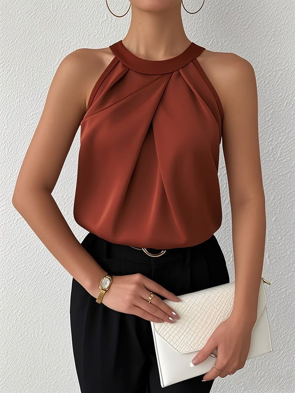 Sleeveless Halter Top with Pleated Neckline and Keyhole Back