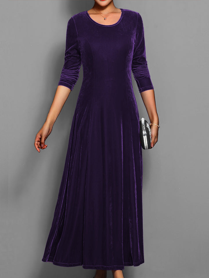 Round Neck Maxi Dress with Long Sleeves and A-Line Skirt